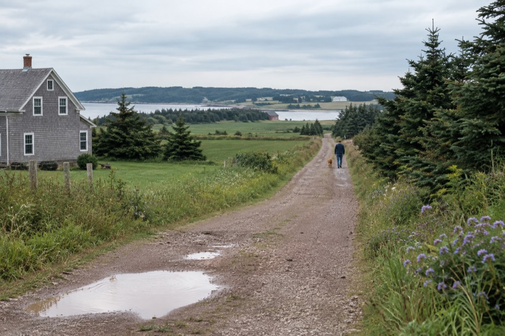 A quiet trail stretching to the horizon through rolling green countryside