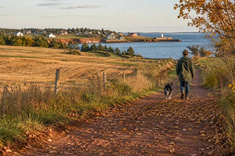 A trail passing golden autumn fields with red soil visible at the edges