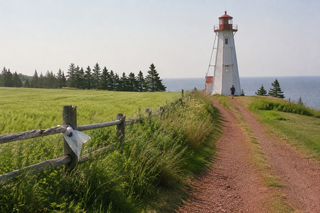 A red dirt trail cutting through green farmland toward a distant lighthouse