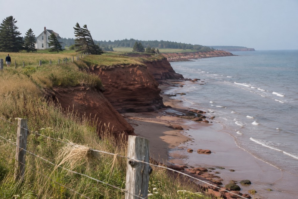 Red sandstone cliffs and rolling green farmland along the Prince Edward Island north shore near Cavendish