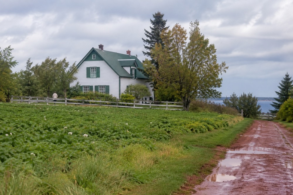 White farmhouse with green gables among rolling farm fields and a red dirt lane in Cavendish