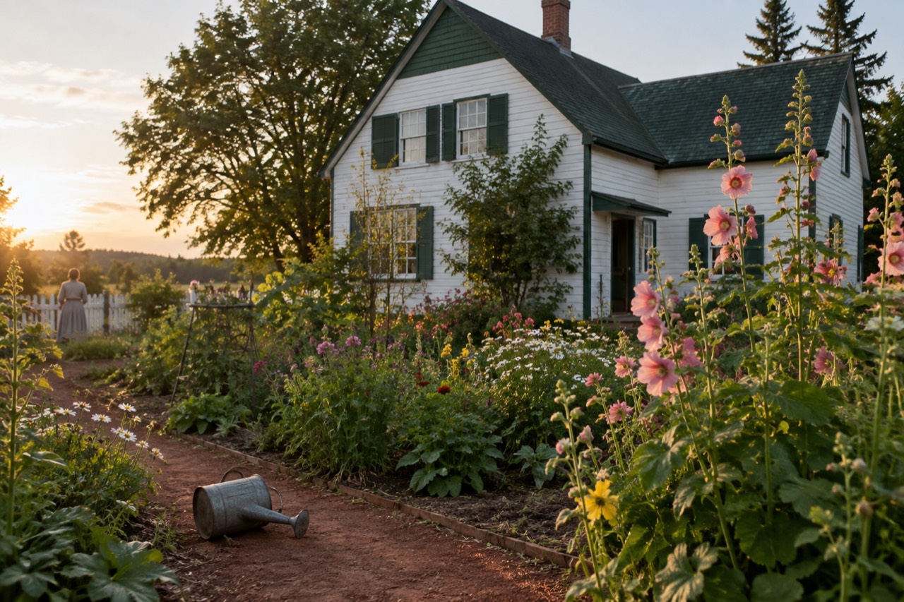 White farmhouse with green gabled roof surrounded by gardens and rolling farmland