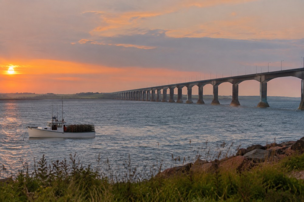 A long curved bridge crossing blue water toward green island farmland