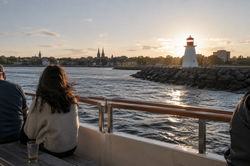 Passengers seated on the open deck of a solar boat as it passes a red-and-white lighthouse at the harbour entrance, late afternoon sun behind them.