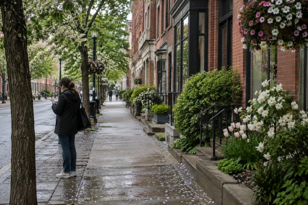 A quiet Charlottetown street lined with brick buildings and hanging flower baskets, with a pedestrian looking at a map on their phone.