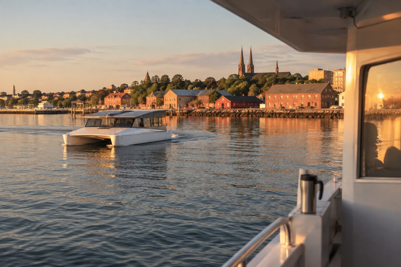 A sleek solar-powered tour boat gliding across Charlottetown Harbour at golden hour, with historic waterfront buildings in the background.