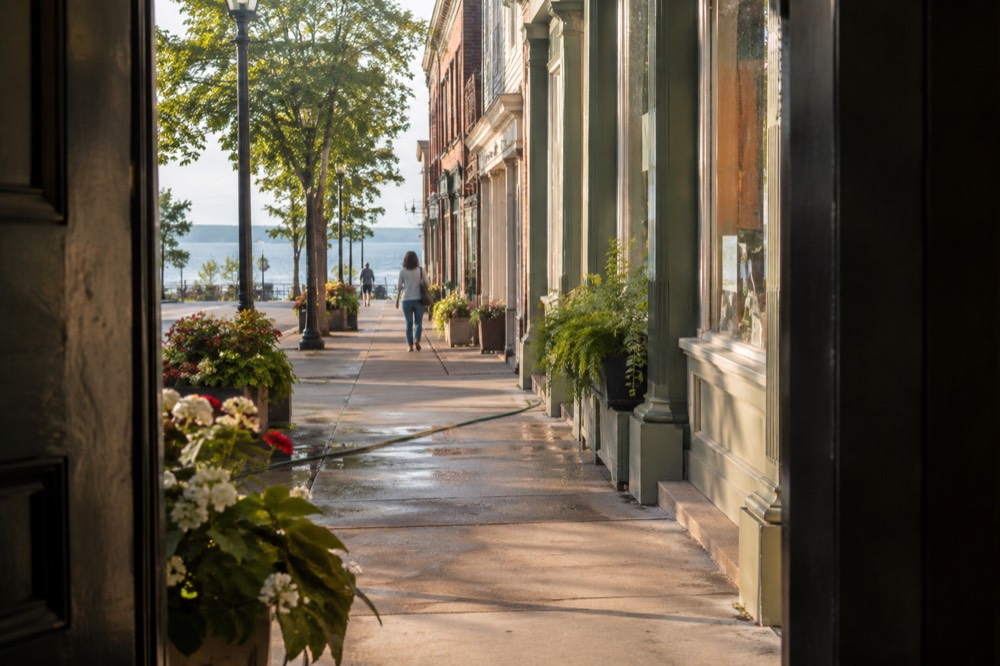 Historic Charlottetown street with Victorian storefronts in morning light