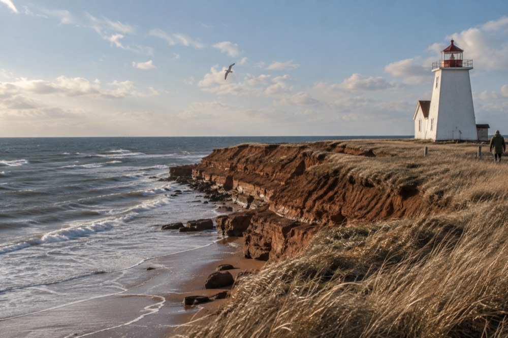A lighthouse standing above a red rock point with the sea beyond