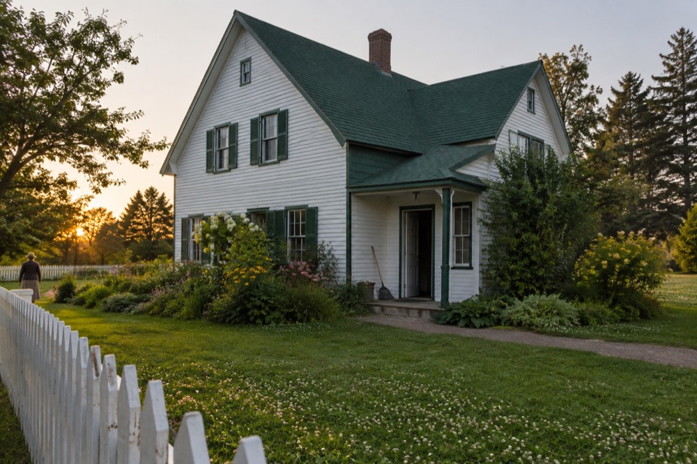 The white farmhouse at Green Gables with its green gabled roof and surrounding farmland