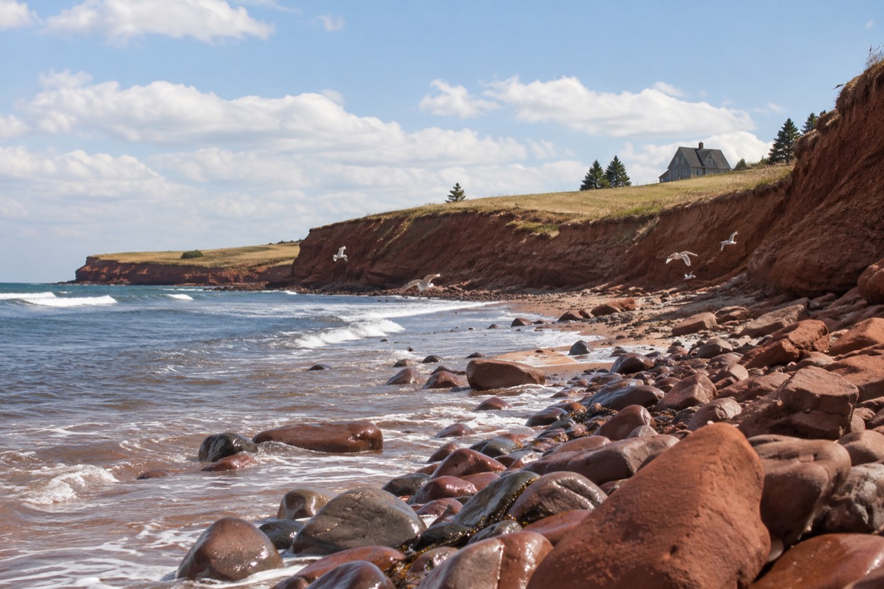 Red sandstone cliffs and green farmland along the Prince Edward Island coast near Cavendish