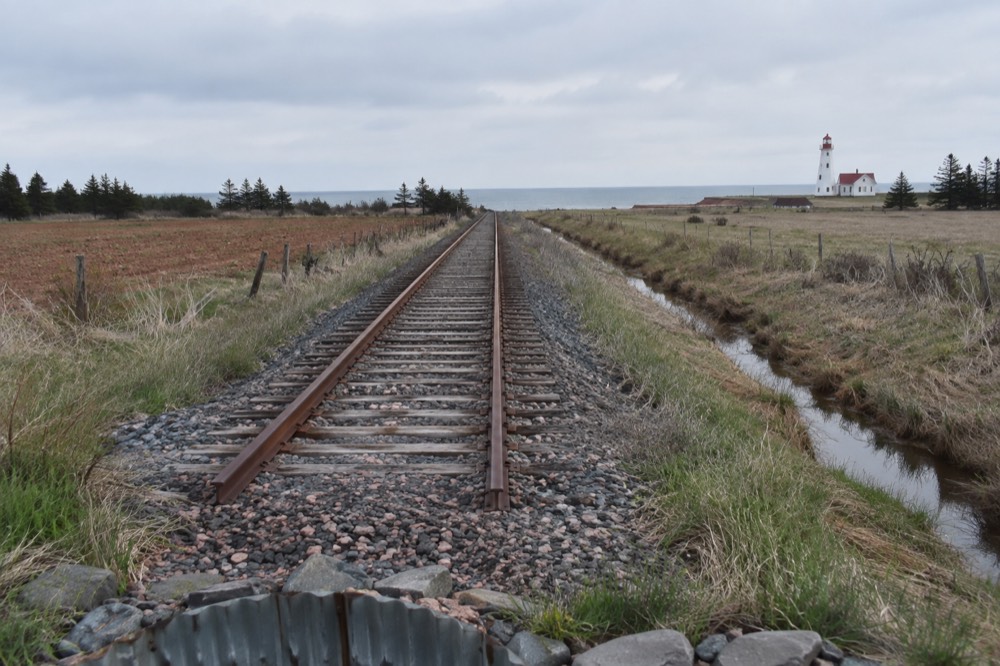 A long straight rail trail stretching toward the horizon between green fields