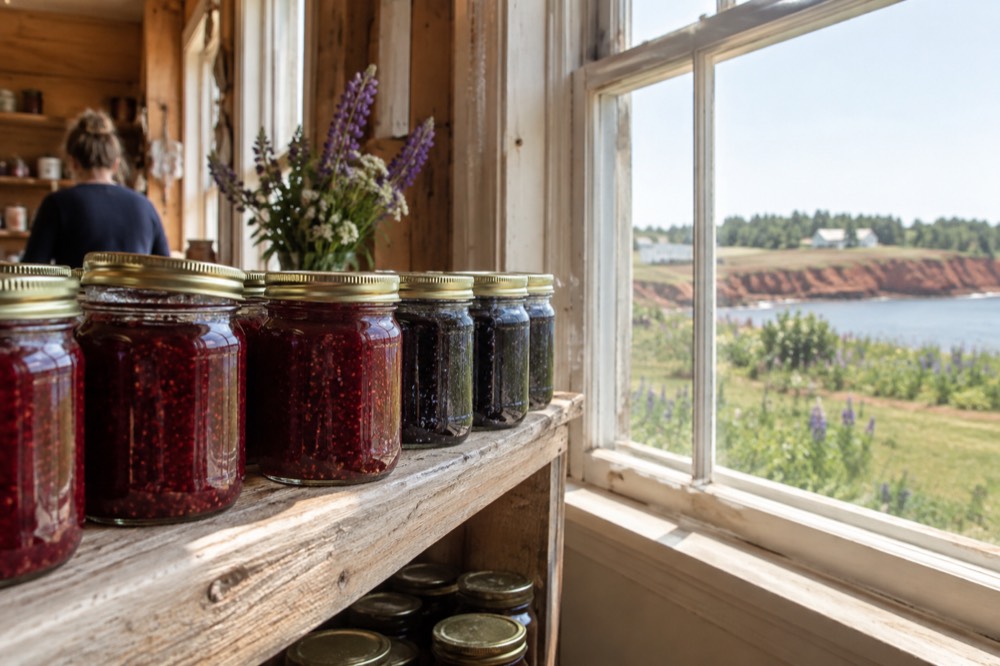 Jars of berry preserves lined up on a wooden shelf in a farm shop