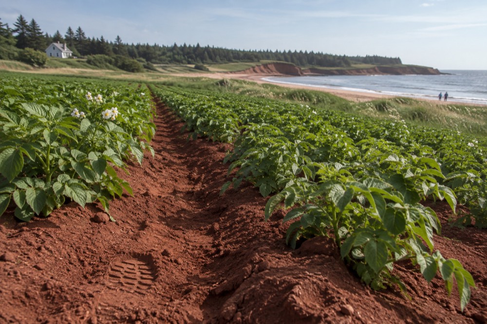 Rows of green potato plants in a red soil field under a summer sky