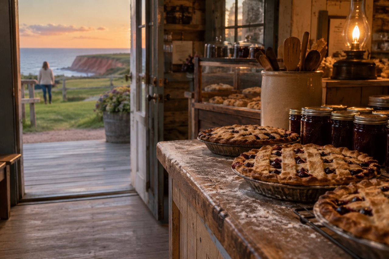A rustic bakery counter with berry pies and jars of preserves under warm light