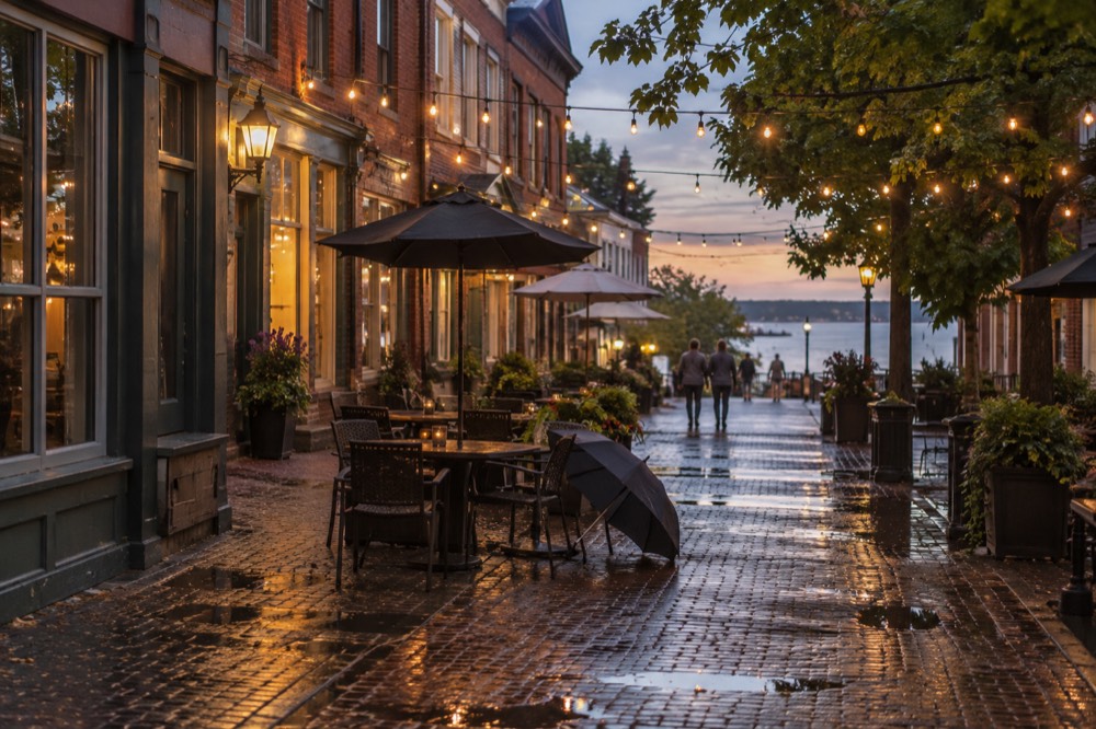 A pedestrian street lined with patios, string lights and brick storefronts