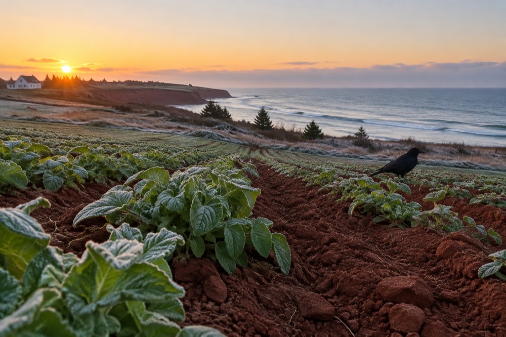 Rolling red farm fields with green crop rows meeting the sea