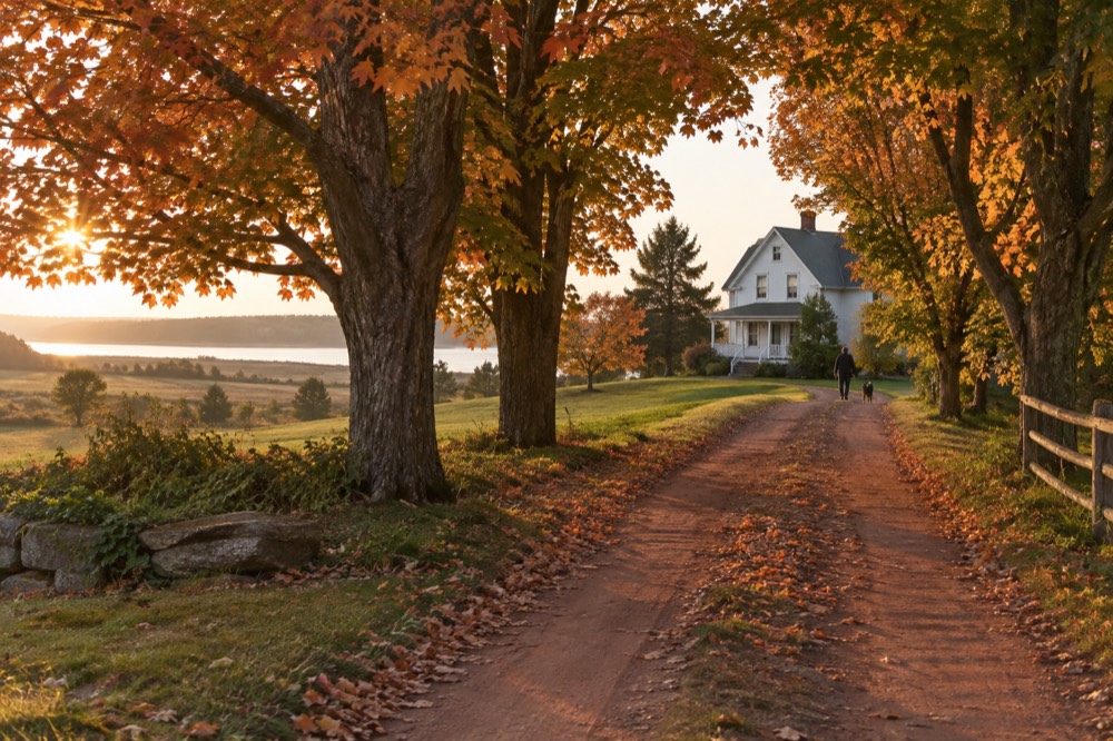 Red dirt heritage road lined with maples leading toward a farmhouse