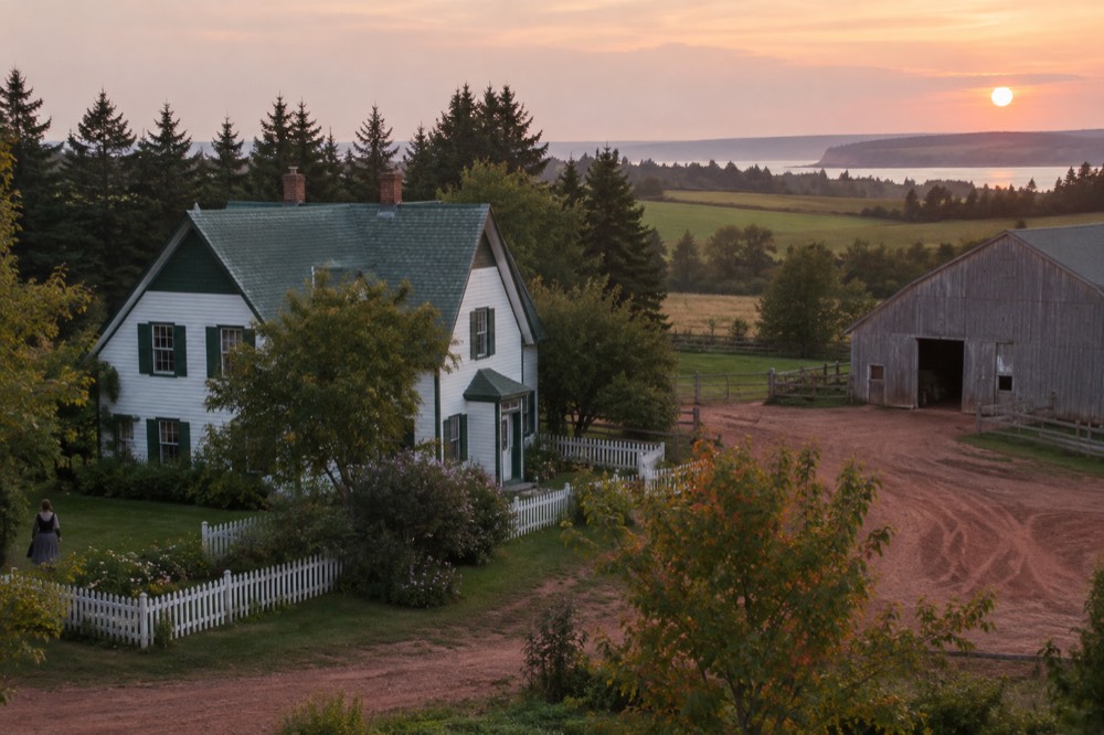 A white farmhouse with green gables surrounded by farmland and trees