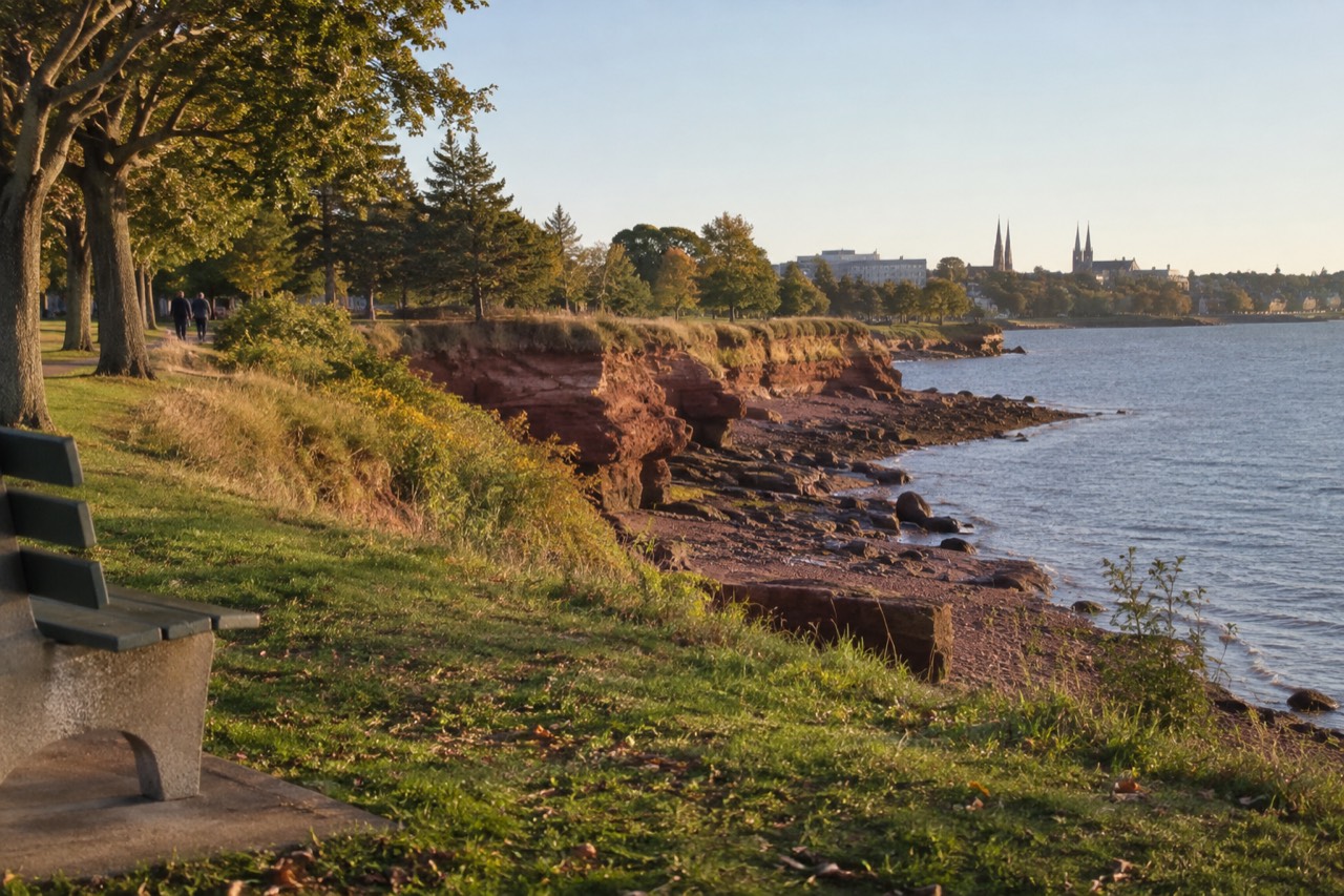 Red sandstone cliffs and green farmland along the Prince Edward Island north shore