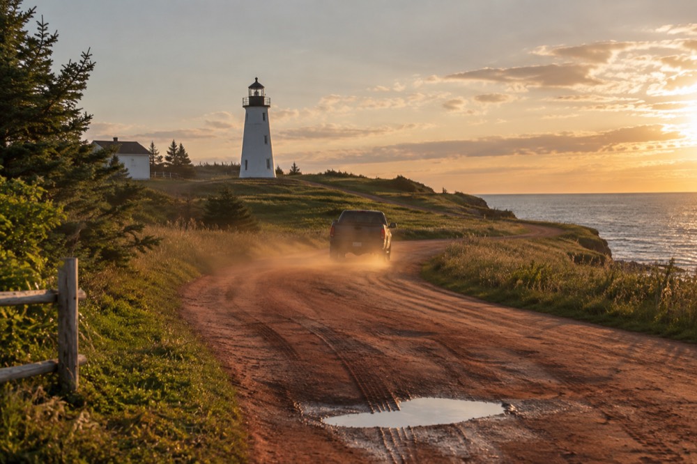 A red dirt road curving toward a white lighthouse on a green headland