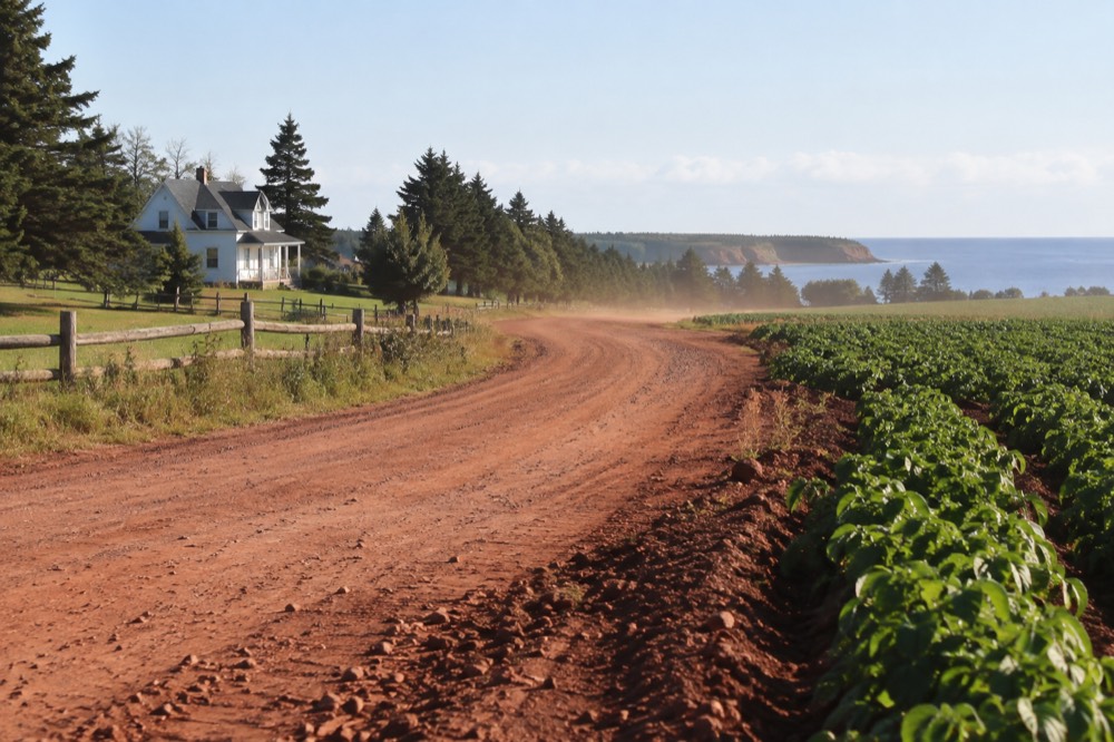 A quiet country road lined with green fields and red soil near the Prince Edward Island coast