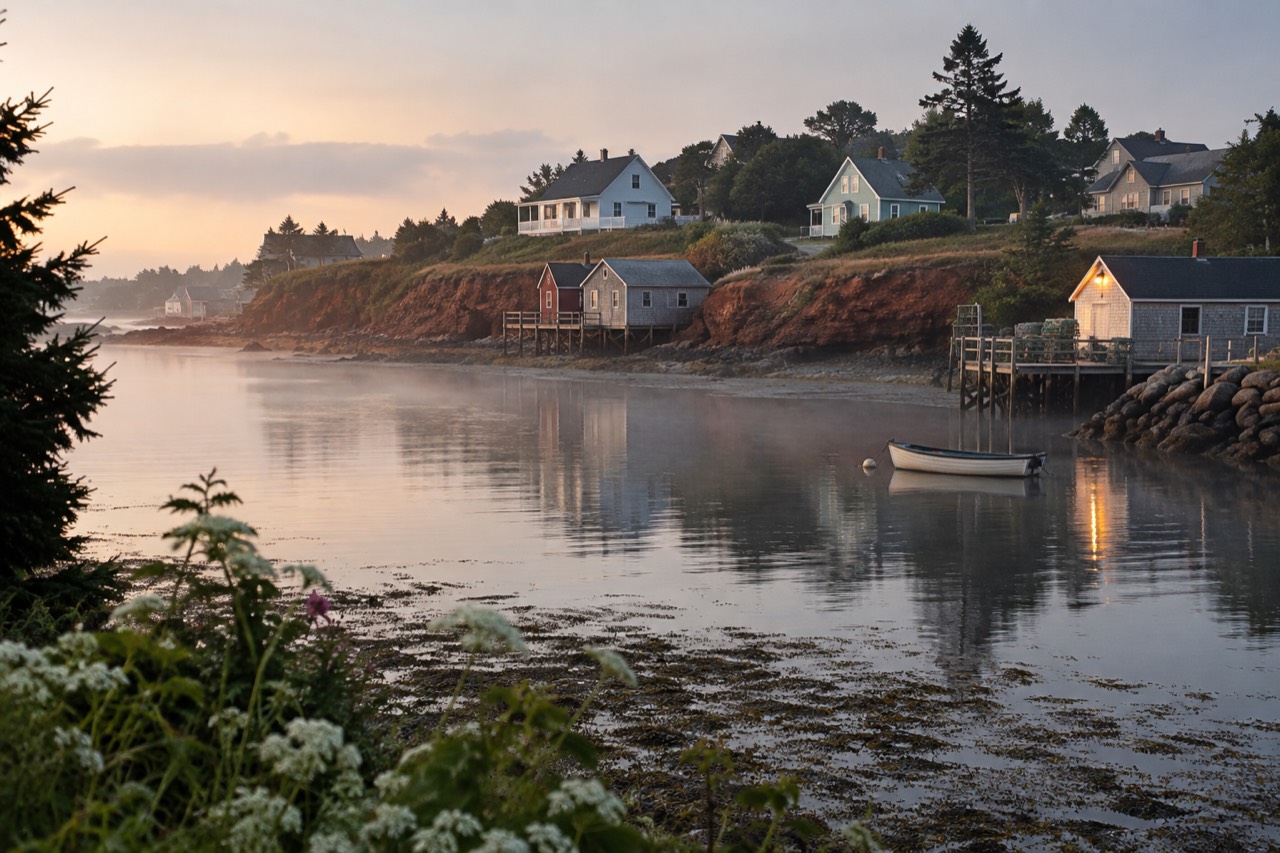 A small harbour village with colourful waterfront buildings beside red cliffs on Prince Edward Island