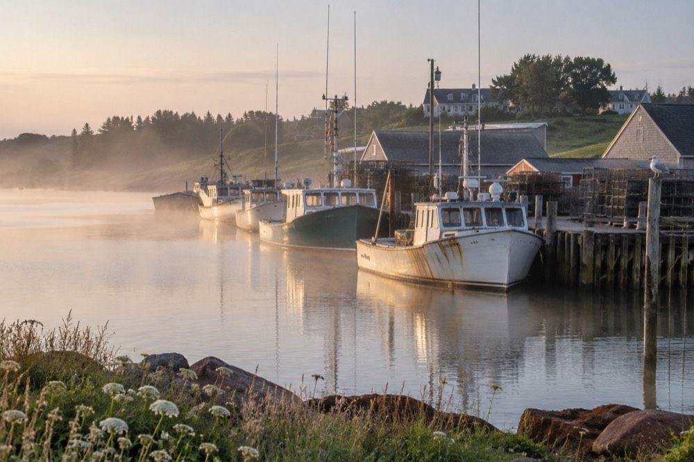 Lobster boats moored in a small Island harbour at sunrise