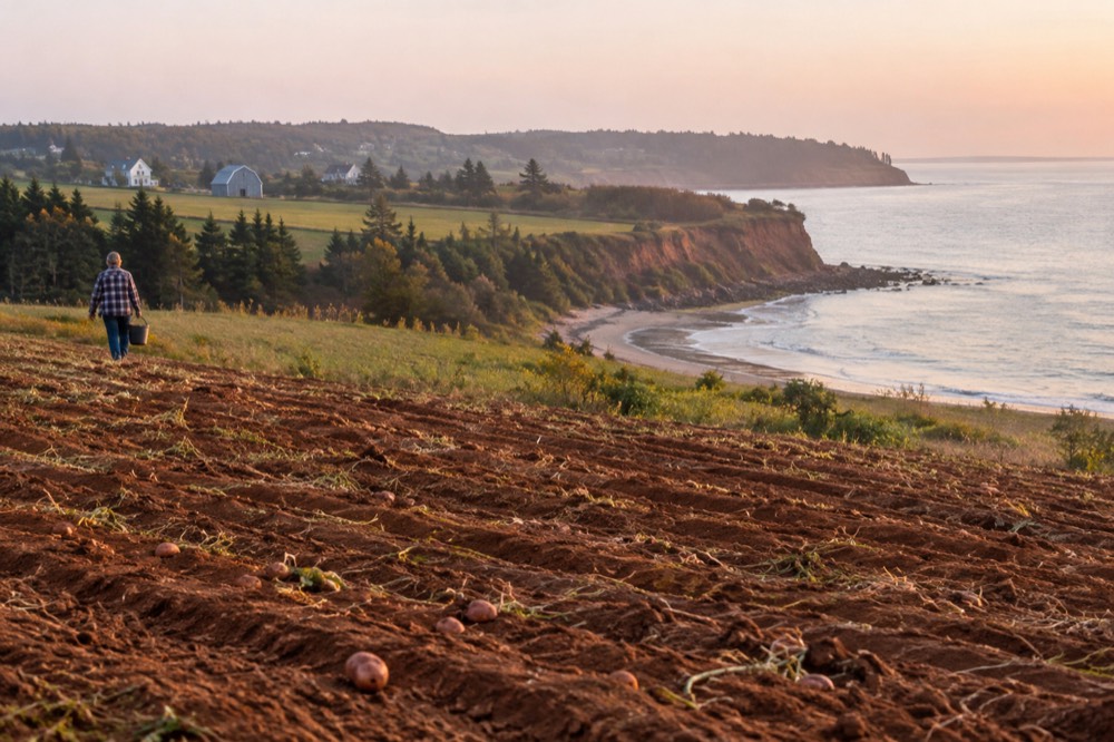 Red potato fields rolling to a red sand cliff above the sea