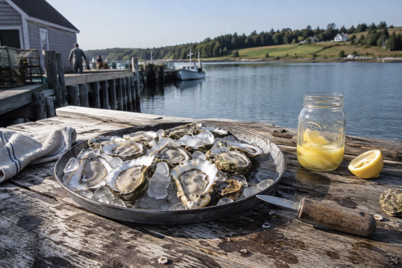 Freshly shucked oysters on a wooden dock table beside a coastal inlet