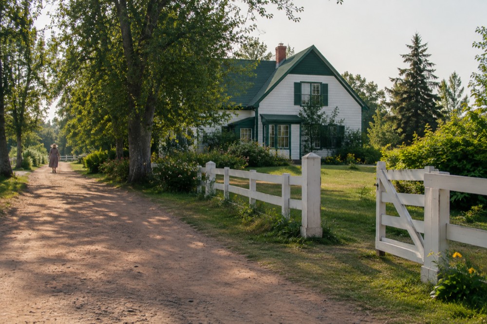 Green gabled farmhouse beside a tree-lined dirt lane