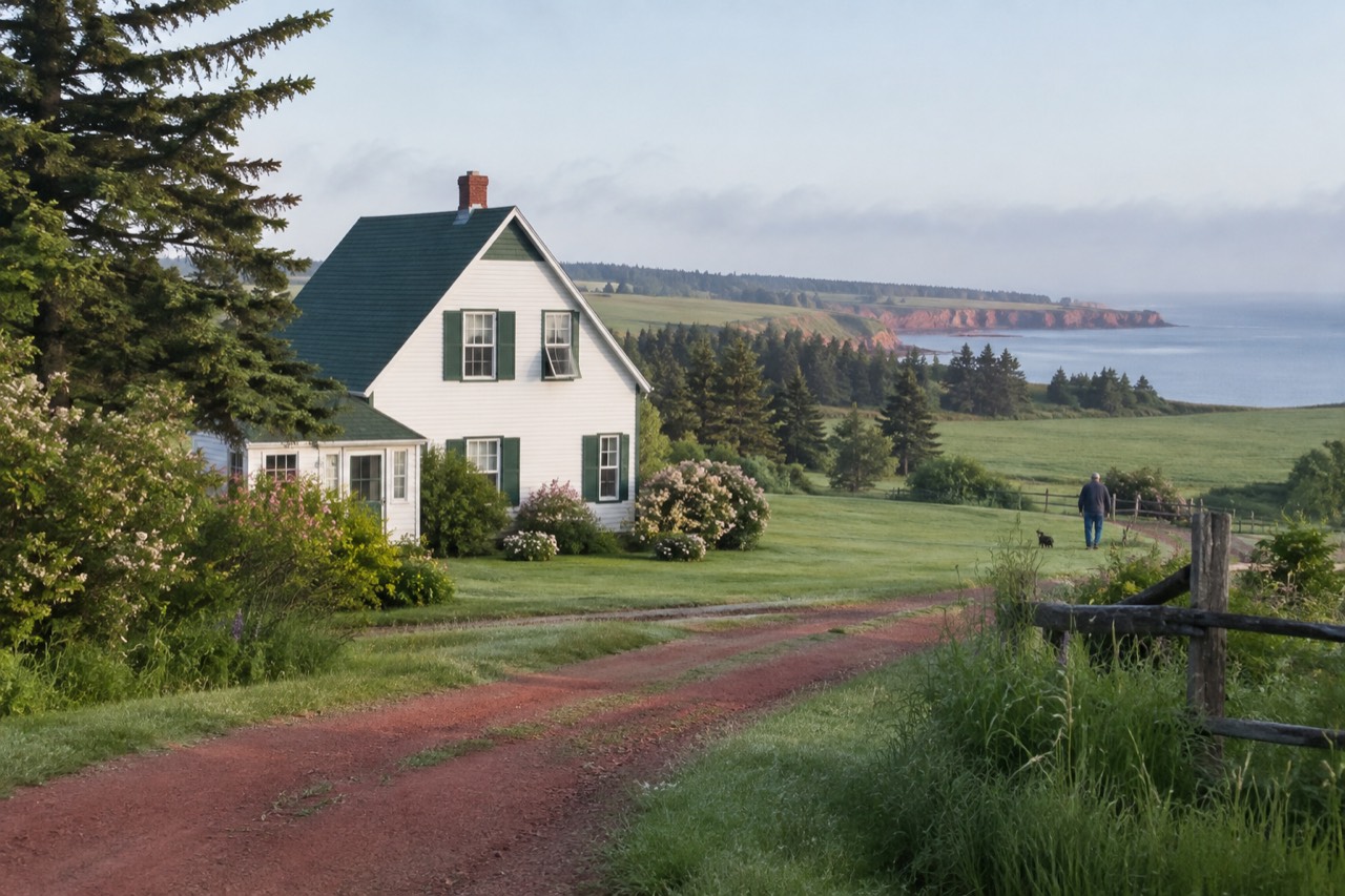 White farmhouse with green gables among rolling green fields