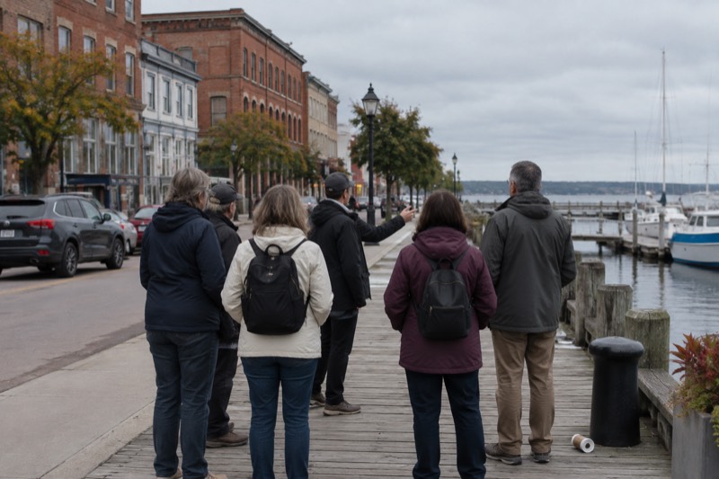 A small group gathered around a guide on the Charlottetown waterfront boardwalk, historic brick storefronts behind them