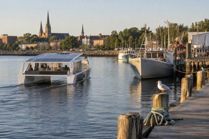 A solar-powered catamaran cruising Charlottetown harbour past moored fishing boats in late afternoon light