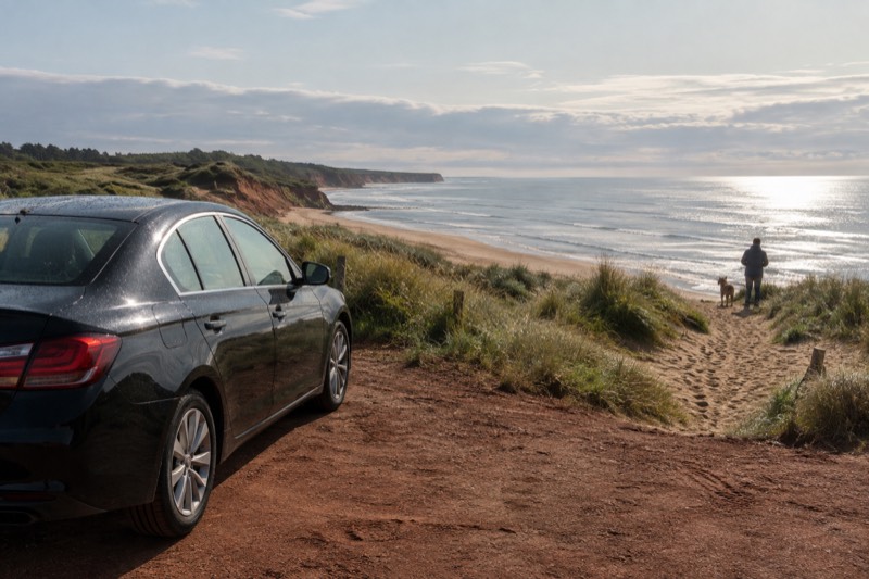 A black luxury sedan parked at a red-sand overlook above the North Shore dunes, morning light on the water