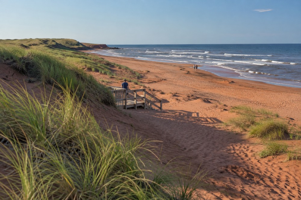 A quiet red sand beach with dunes and green headland on a clear summer day