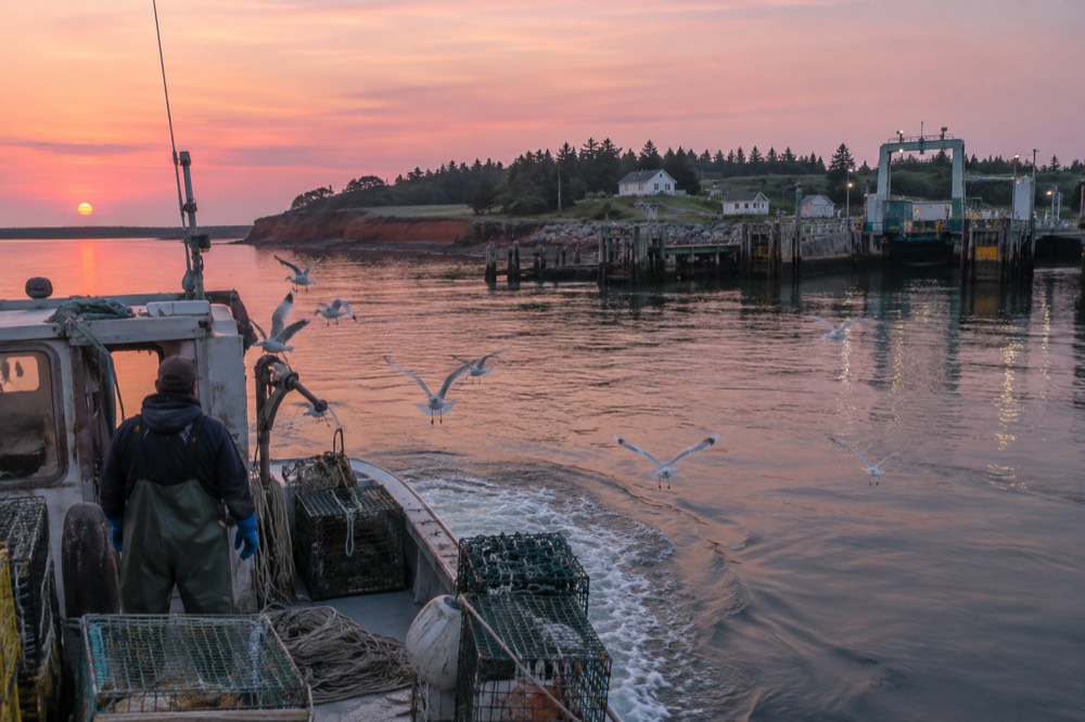 A lobster boat heading out from a wharf at first light on a calm morning