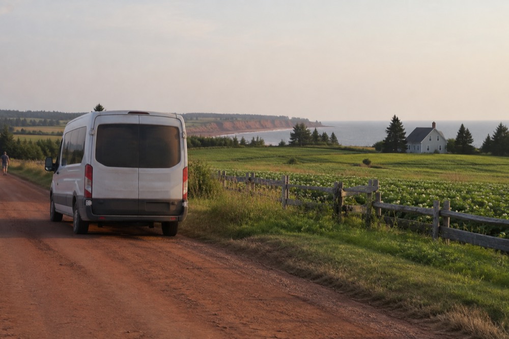 A tour van parked beside a country road with farm fields