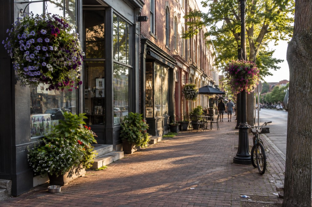 A historic street with brick storefronts and hanging flower baskets