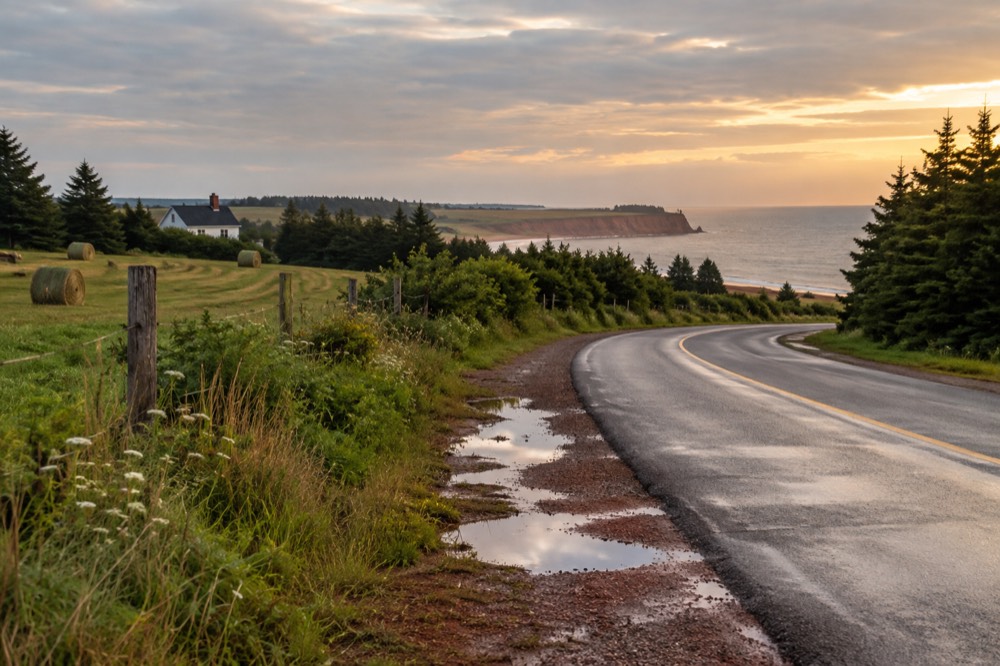 A country road curving past green fields toward the sea