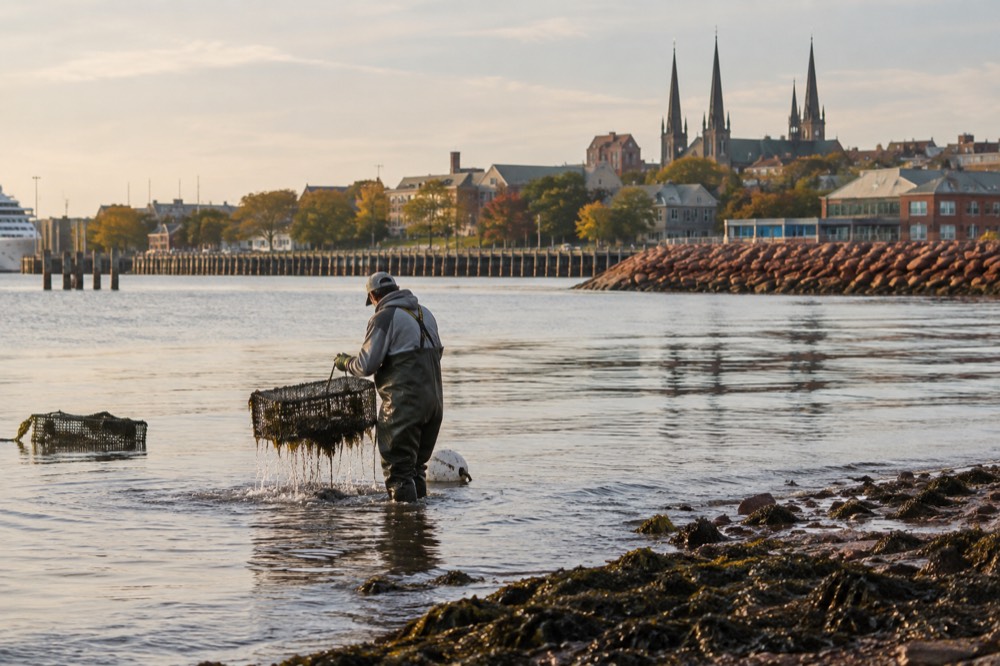 An oyster farmer lifting a cage of oysters from a quiet Island bay at low tide