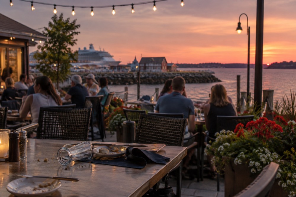 A busy restaurant patio in Charlottetown filled with diners on a summer evening