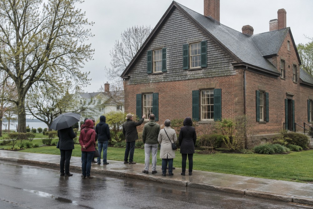 A guide speaking to a small group of visitors outside a Charlottetown restaurant