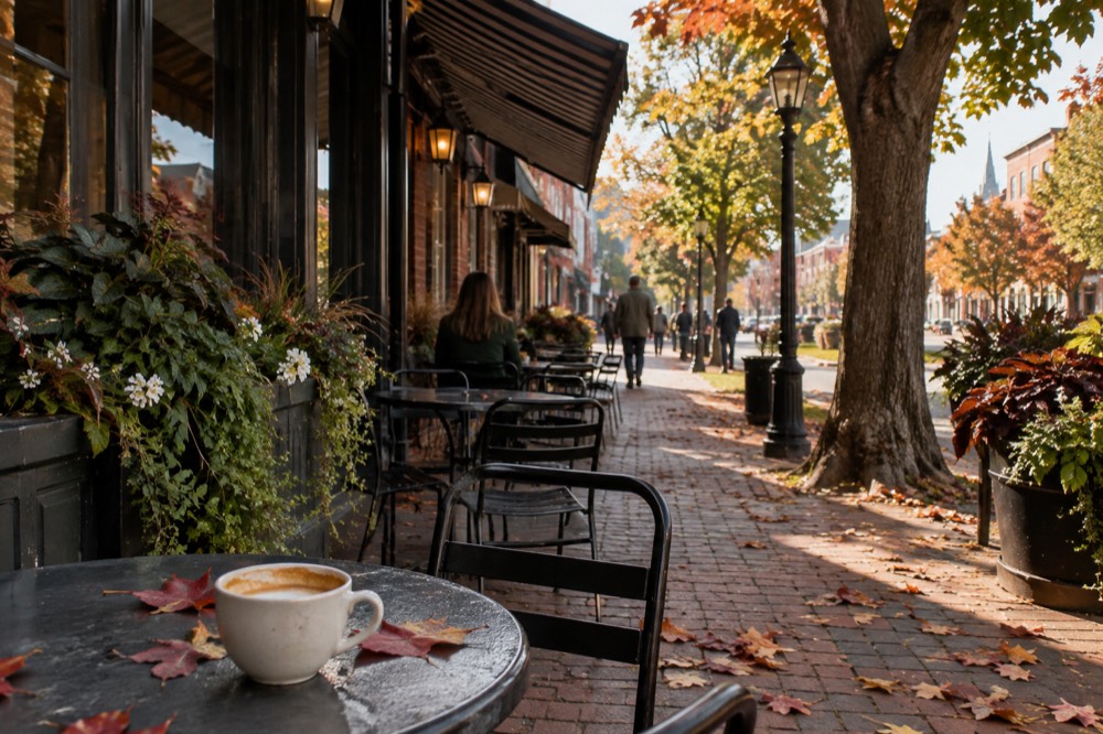 Pedestrian street with patio tables and storefront awnings in downtown Charlottetown
