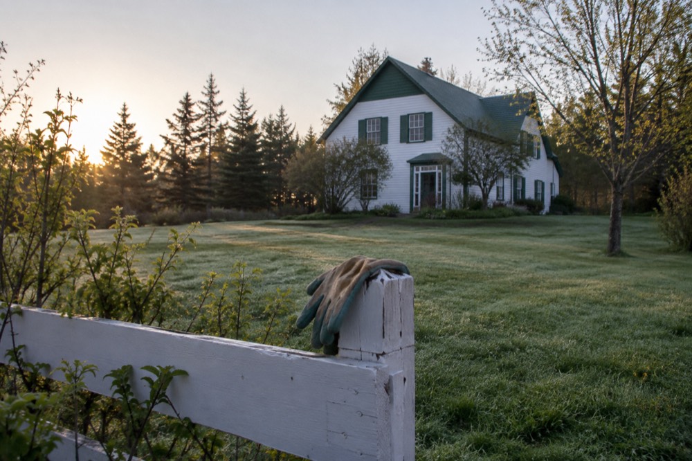 White farmhouse with green gables and trim surrounded by trees and lawn