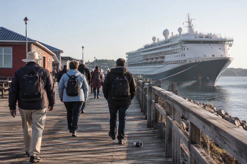 Passengers walking along a harbour boardwalk toward a docked cruise ship