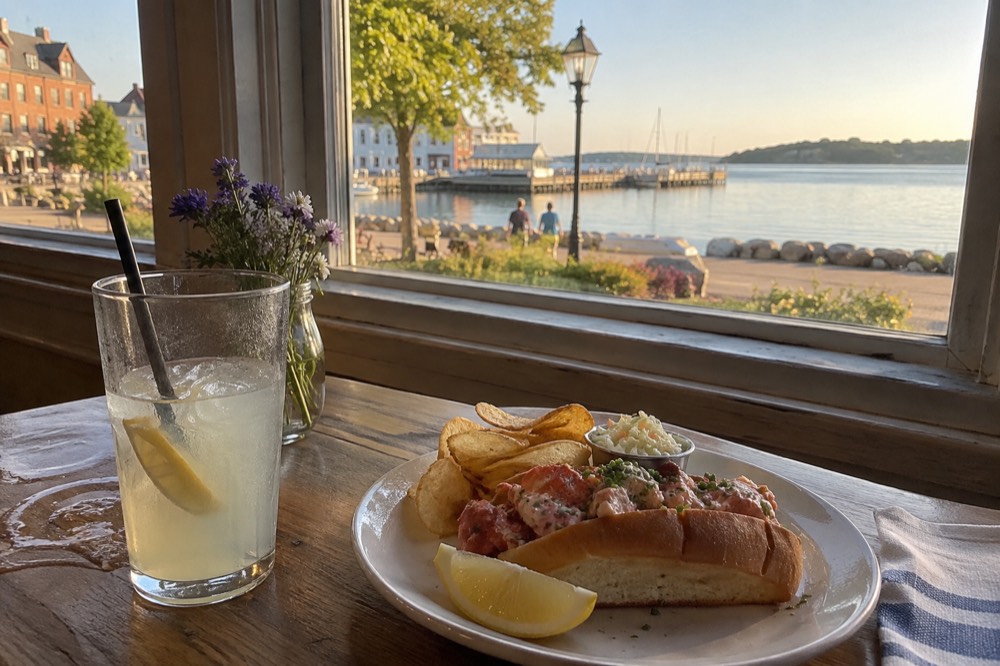 Freshly served lobster roll on a wooden table beside a harbour view