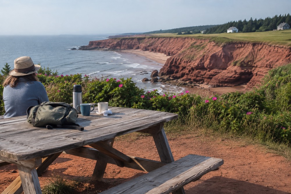A picnic table beside a quiet red cliff overlook with the sea beyond