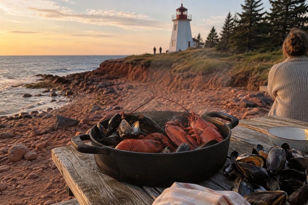 Boiled mussels and lobster served in a pan at an outdoor table