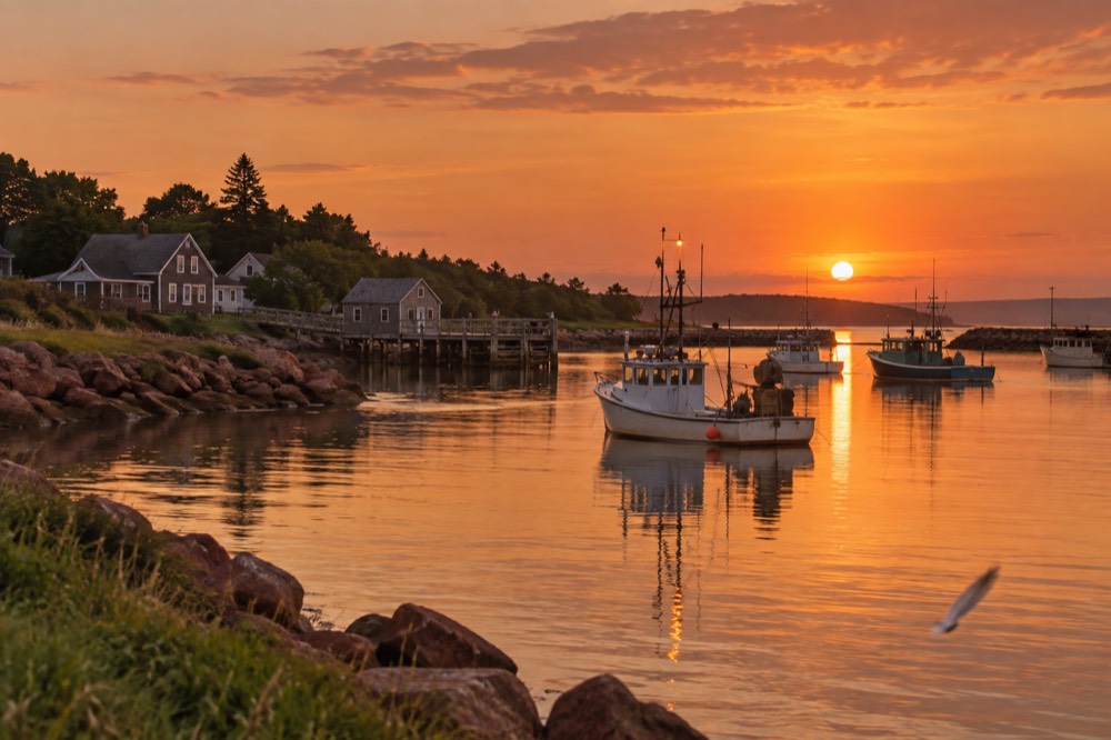 Sunset over a calm harbour with fishing boats at anchor