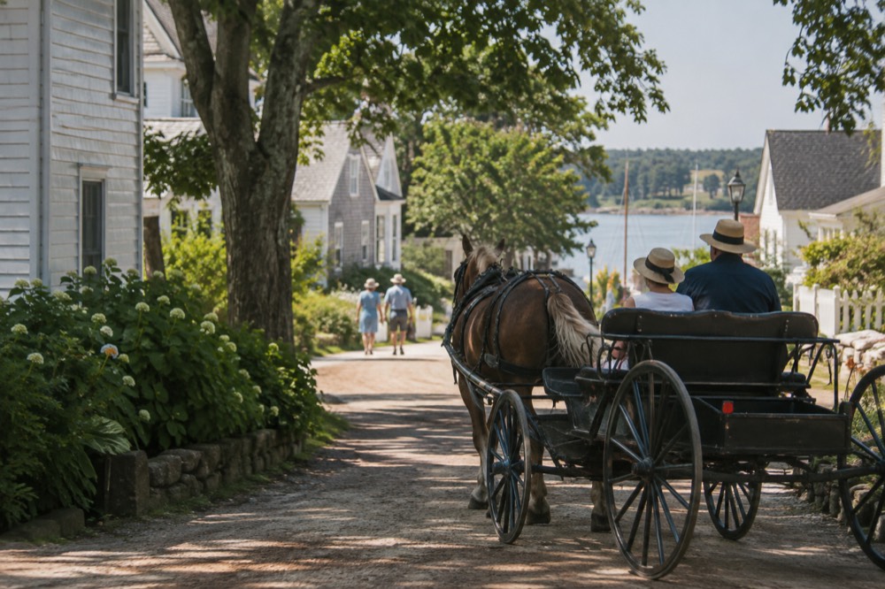 A horse-drawn carriage passing historic storefronts on a tree-lined street